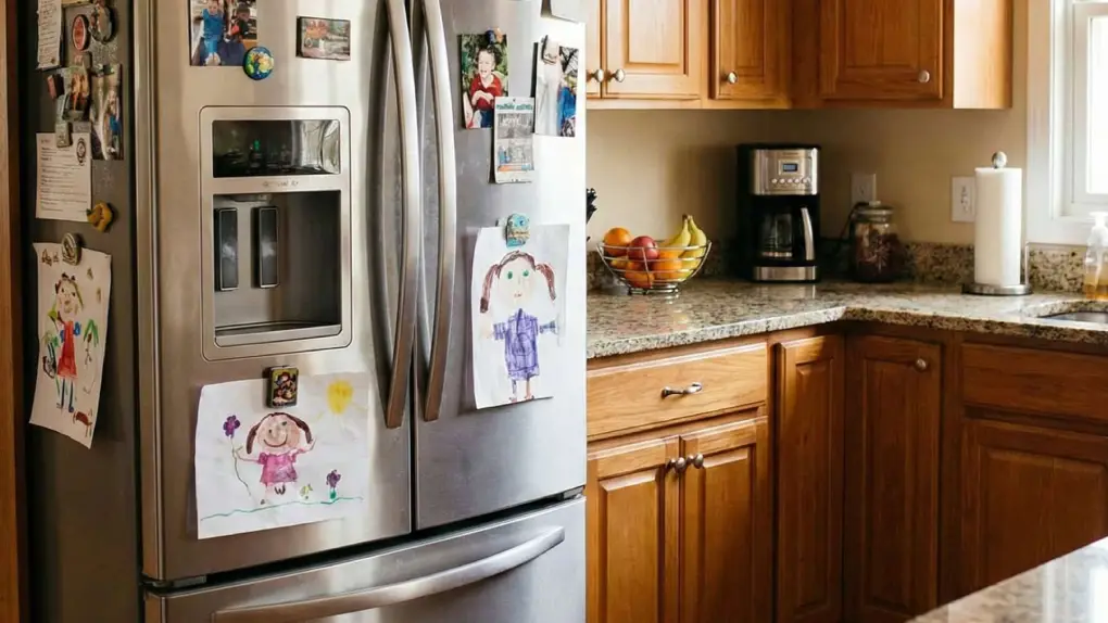 refrigerator covered in pictures