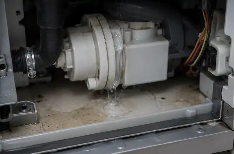 Dishwasher pump seal leaking water underneath appliance
